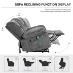Oversized Velvet Power Lift Recliner with Massage, Heating, Pockets
