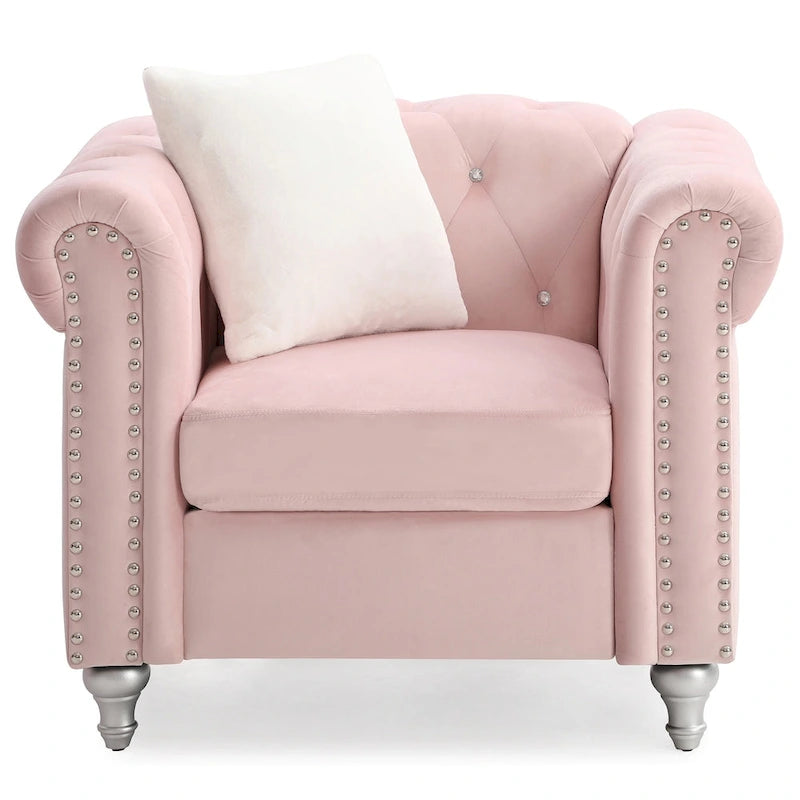 Solid Tufted Velvet Accent Chair with Throw Pillow - 38 - Pink
