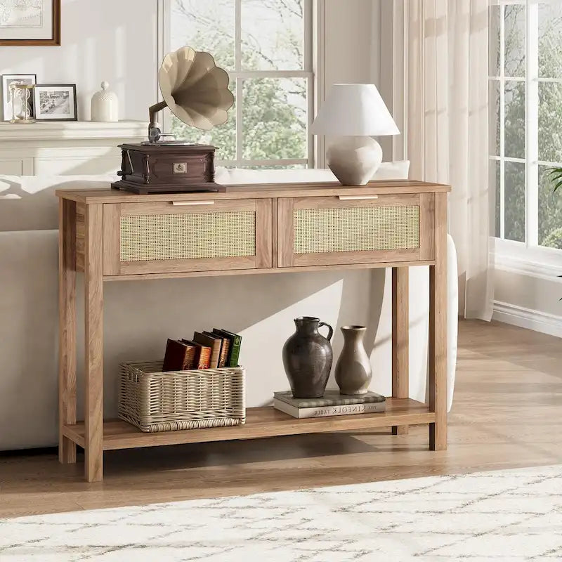 Entryway Table, Console Table with Rattan 2 Drawers, Wood Sofa Table with Storage