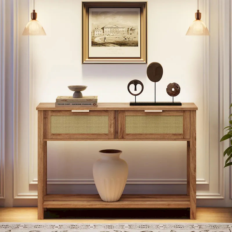 Entryway Table, Console Table with Rattan 2 Drawers, Wood Sofa Table with Storage