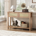 Entryway Table, Console Table with Rattan 2 Drawers, Wood Sofa Table with Storage