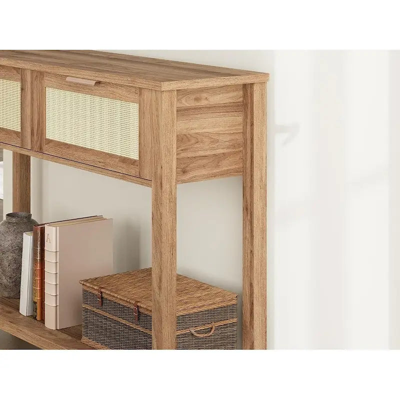 Entryway Table, Console Table with Rattan 2 Drawers, Wood Sofa Table with Storage