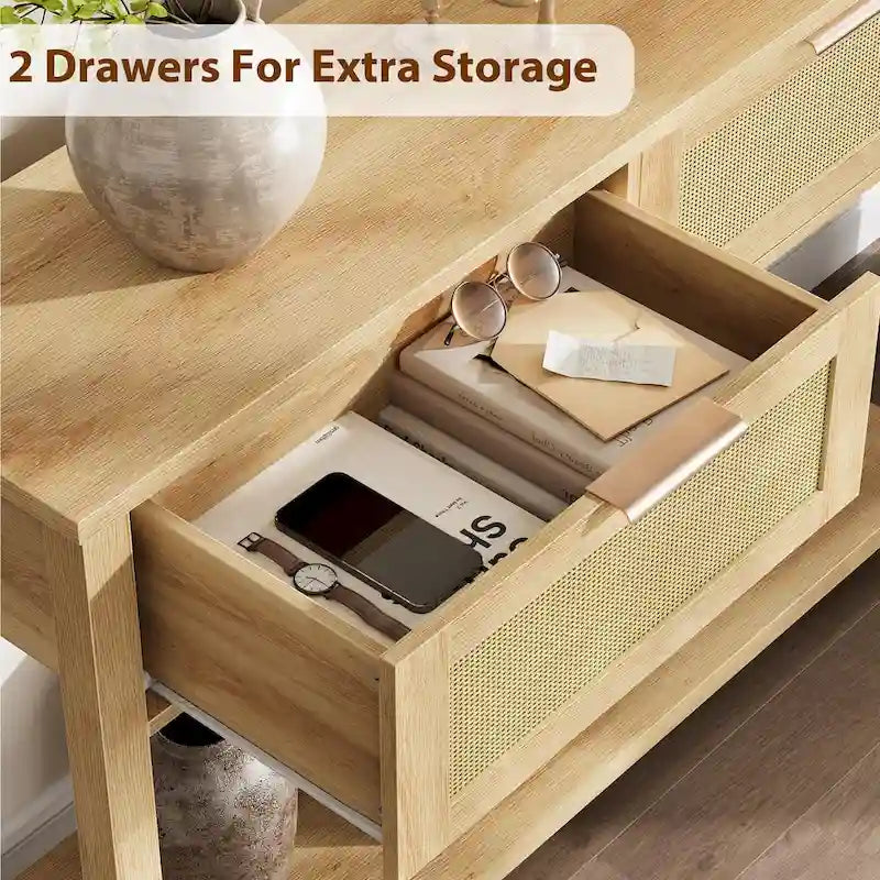 Entryway Table, Console Table with Rattan 2 Drawers, Wood Sofa Table with Storage