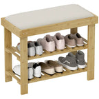 Bamboo Shoe Bench, 3-Tier Entryway Bench with Storage and Cushion, Shoe Organizer for Entryway, Hallway