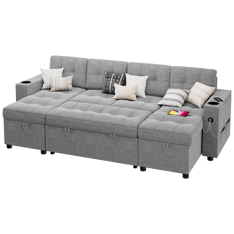 U-Shaped Sectional Sofa with Double Chaise,2 in 1 Pull Out Couch Bed,U-Shaped Sofa Couch Bed,Sleeper Sofa with Pull Out Bed