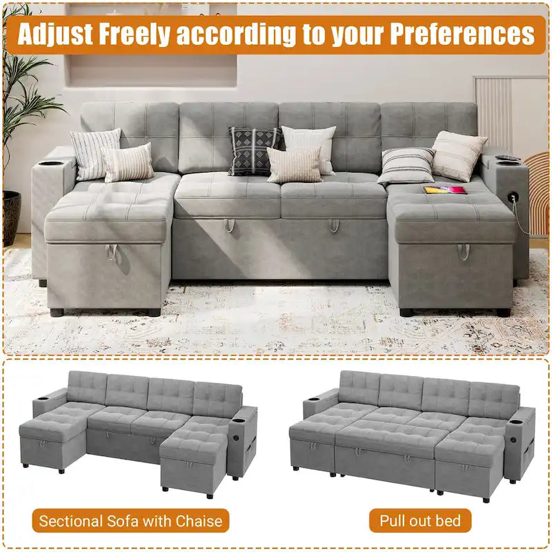 U-Shaped Sectional Sofa with Double Chaise,2 in 1 Pull Out Couch Bed,U-Shaped Sofa Couch Bed,Sleeper Sofa with Pull Out Bed