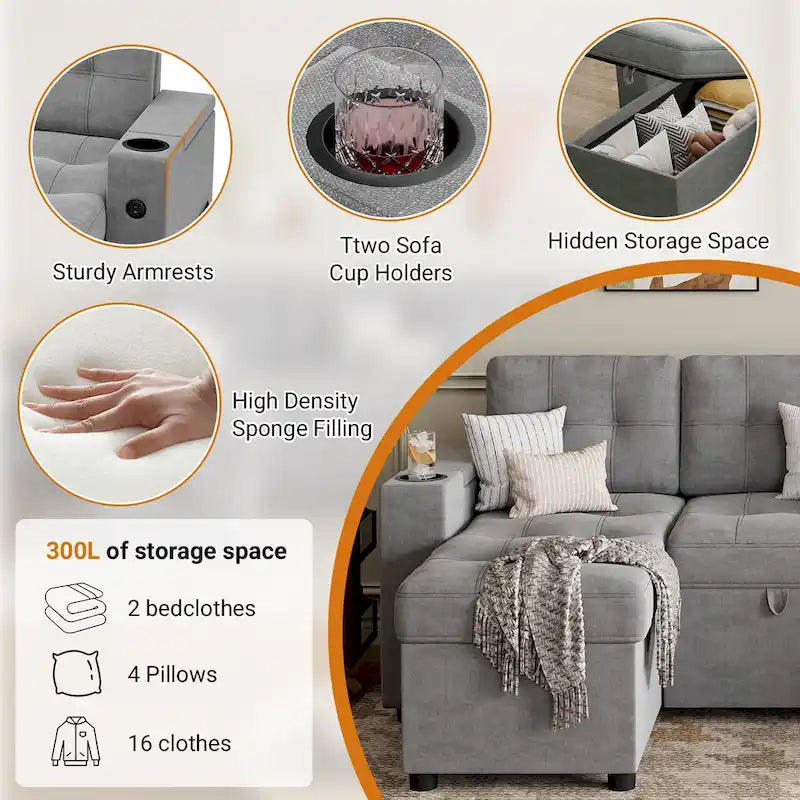 U-Shaped Sectional Sofa with Double Chaise,2 in 1 Pull Out Couch Bed,U-Shaped Sofa Couch Bed,Sleeper Sofa with Pull Out Bed