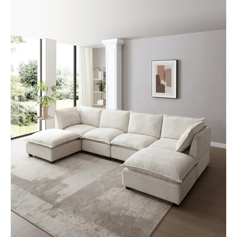 Beige 130 U-Shaped Customizable 6-Seat Modular Sectional Sofa with Convertible Ottoman and Versatile Assembly Options