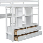 White Full Size Pine Loft Bed with Built-in Desk & Drawers