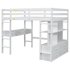 White Full Size Pine Loft Bed with Built-in Desk & Drawers