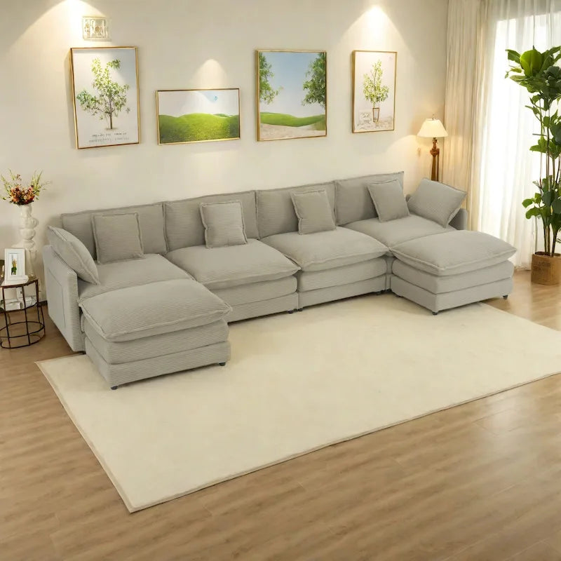 6-Piece 149.6 Corduroy Upholstered U-Shaped Modular Sectional Sofa with Side Storage Pockets