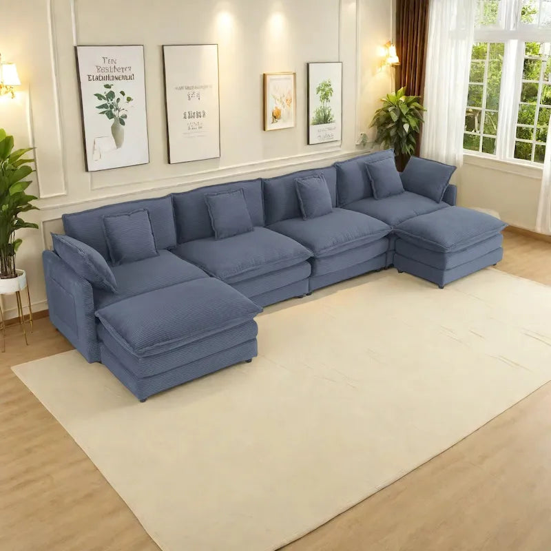 6-Piece 149.6 Corduroy Upholstered U-Shaped Modular Sectional Sofa with Side Storage Pockets