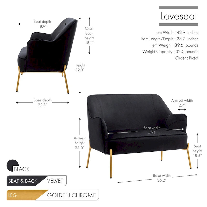 Kyler Loveseat Couch Sofa, Velvet Upholstery, Gold Chrome Legs