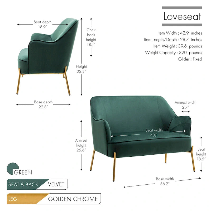 Kyler Loveseat Couch Sofa, Velvet Upholstery, Gold Chrome Legs