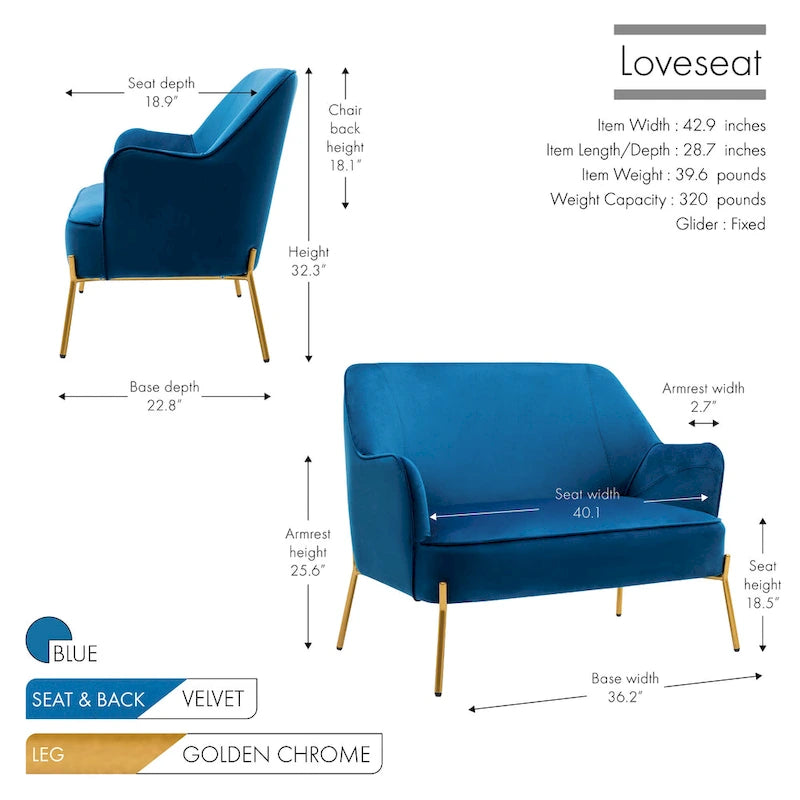 Kyler Loveseat Couch Sofa, Velvet Upholstery, Gold Chrome Legs