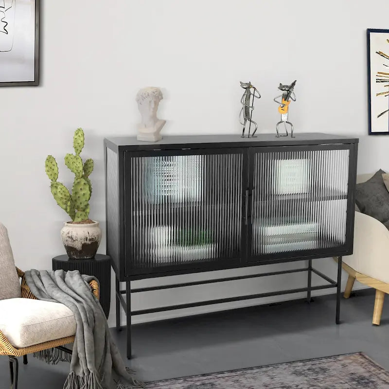 Double Tempered Glass Door Storage Cabinet with Adjustable Shelf