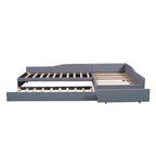 L Shaped Twin Daybed with Trundle, Upholstered Daybed with Storage Drawer, Double Twin Size Floor Platform Bed for Bedroom