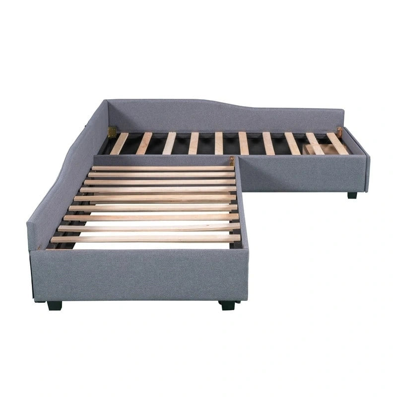 L Shaped Twin Daybed with Trundle, Upholstered Daybed with Storage Drawer, Double Twin Size Floor Platform Bed for Bedroom