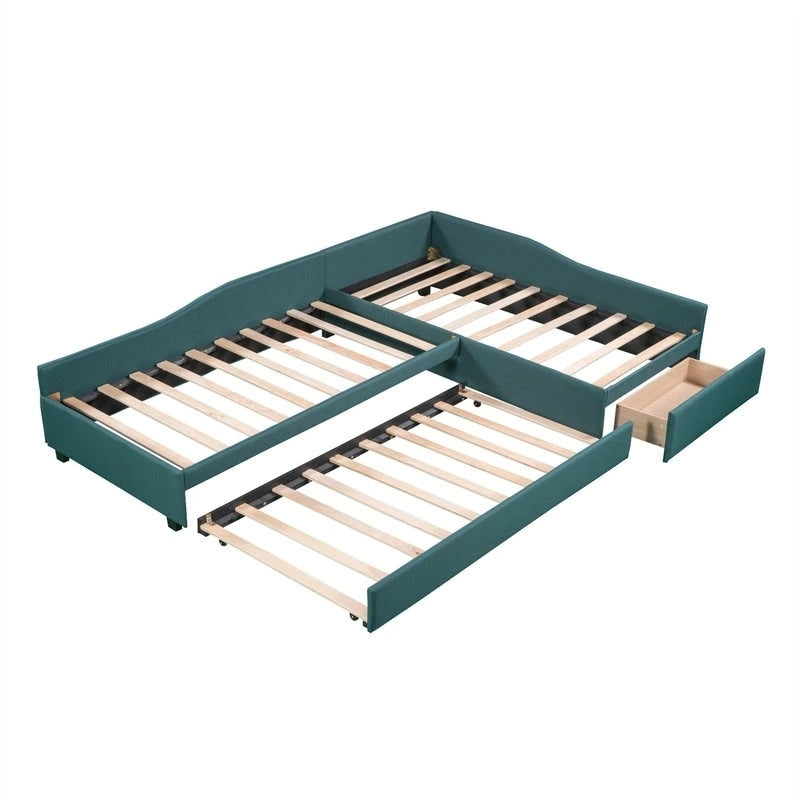 L Shaped Twin Daybed with Trundle, Upholstered Daybed with Storage Drawer, Double Twin Size Floor Platform Bed for Bedroom