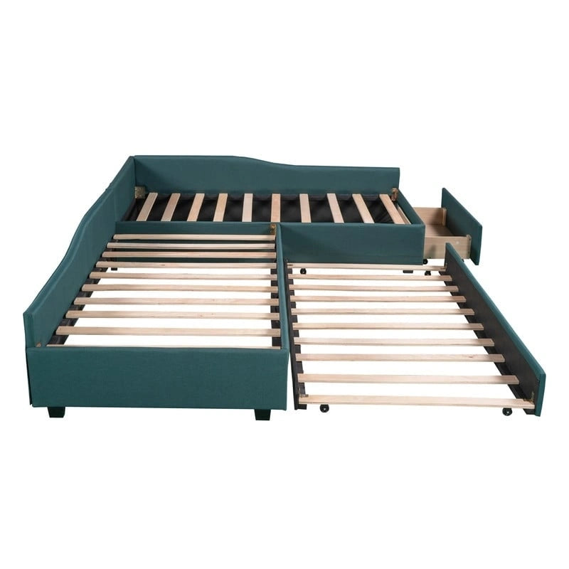 L Shaped Twin Daybed with Trundle, Upholstered Daybed with Storage Drawer, Double Twin Size Floor Platform Bed for Bedroom