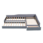 L Shaped Twin Daybed with Trundle, Upholstered Daybed with Storage Drawer, Double Twin Size Floor Platform Bed for Bedroom