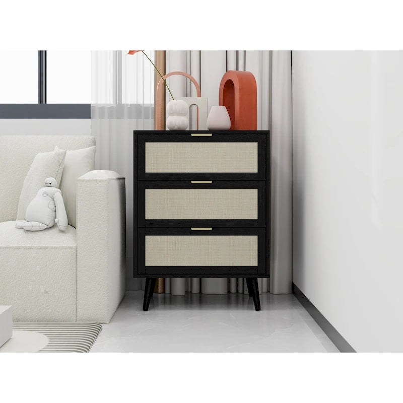 3-Drawer Rattan Cabinet with Pine Legs – Multiple Colors