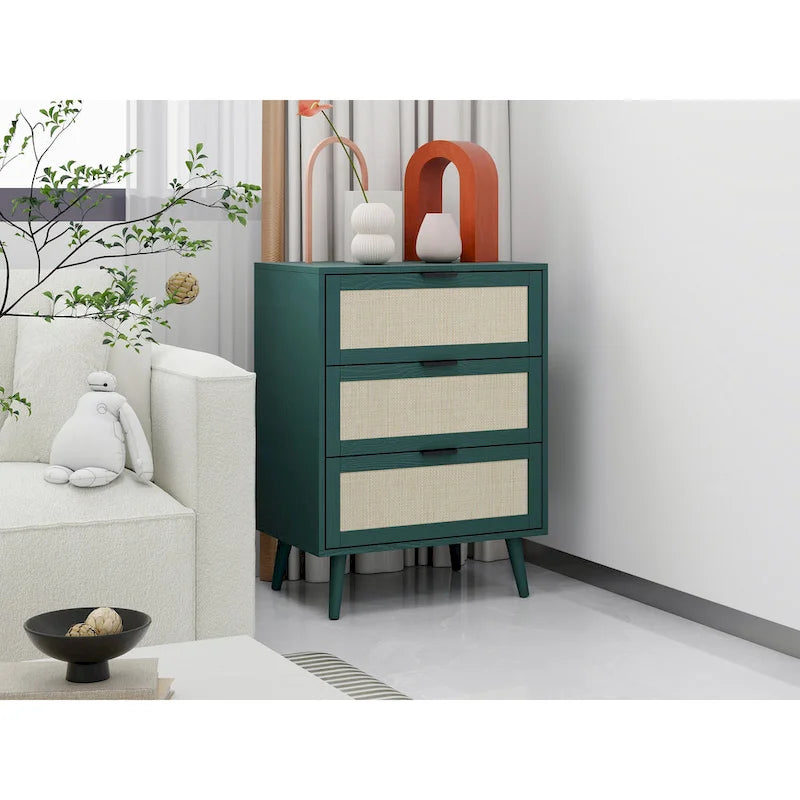 3-Drawer Rattan Cabinet with Pine Legs – Multiple Colors