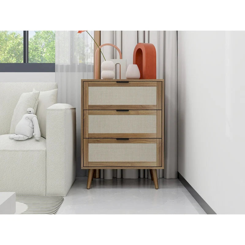 3-Drawer Rattan Cabinet with Pine Legs – Multiple Colors