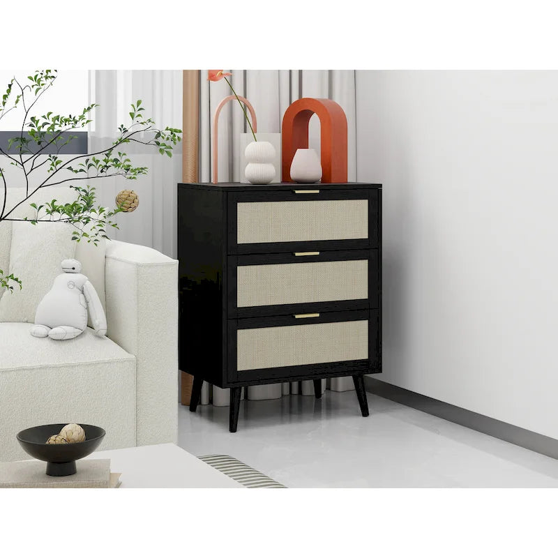 3-Drawer Rattan Cabinet with Pine Legs – Multiple Colors