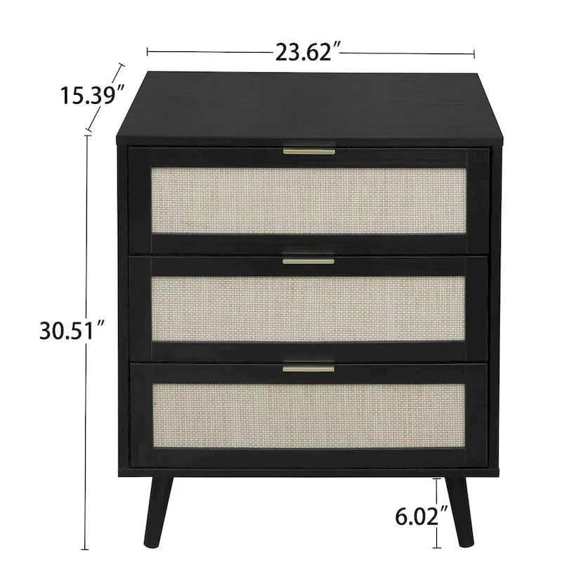 3-Drawer Rattan Cabinet with Pine Legs – Multiple Colors