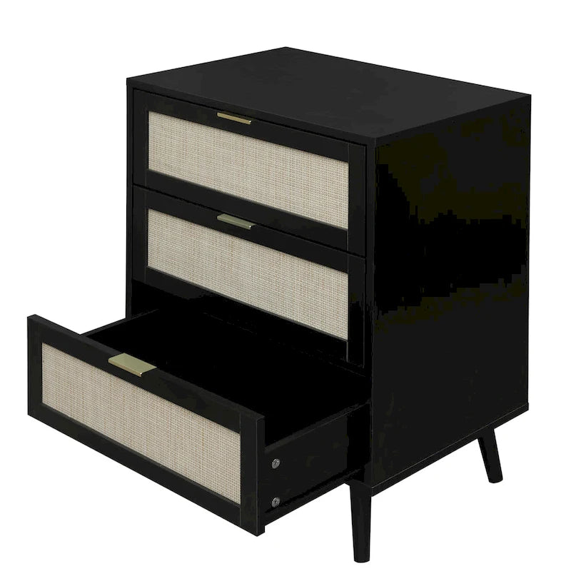 3-Drawer Rattan Cabinet with Pine Legs – Multiple Colors