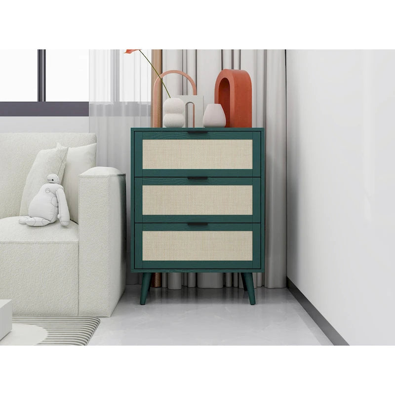 3-Drawer Rattan Cabinet with Pine Legs – Multiple Colors
