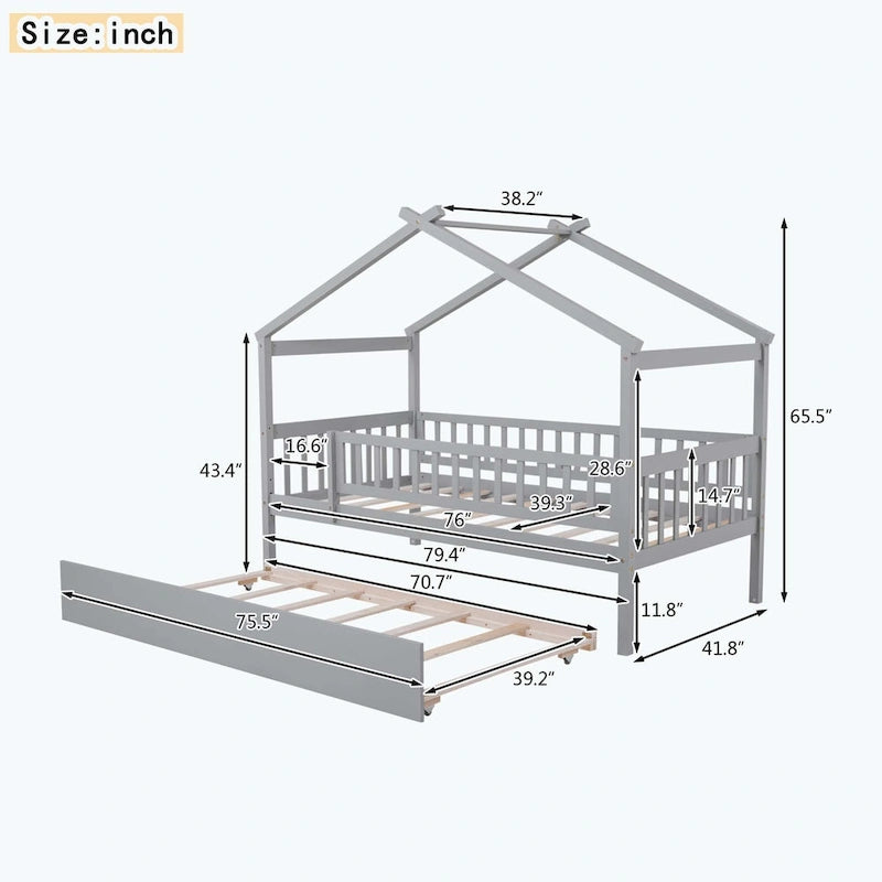Wooden House Bed with Twin Size Trundle