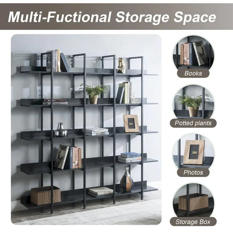 5-Tier Open Bookcase with MDF Shelves and Powder-Coated Steel Frame