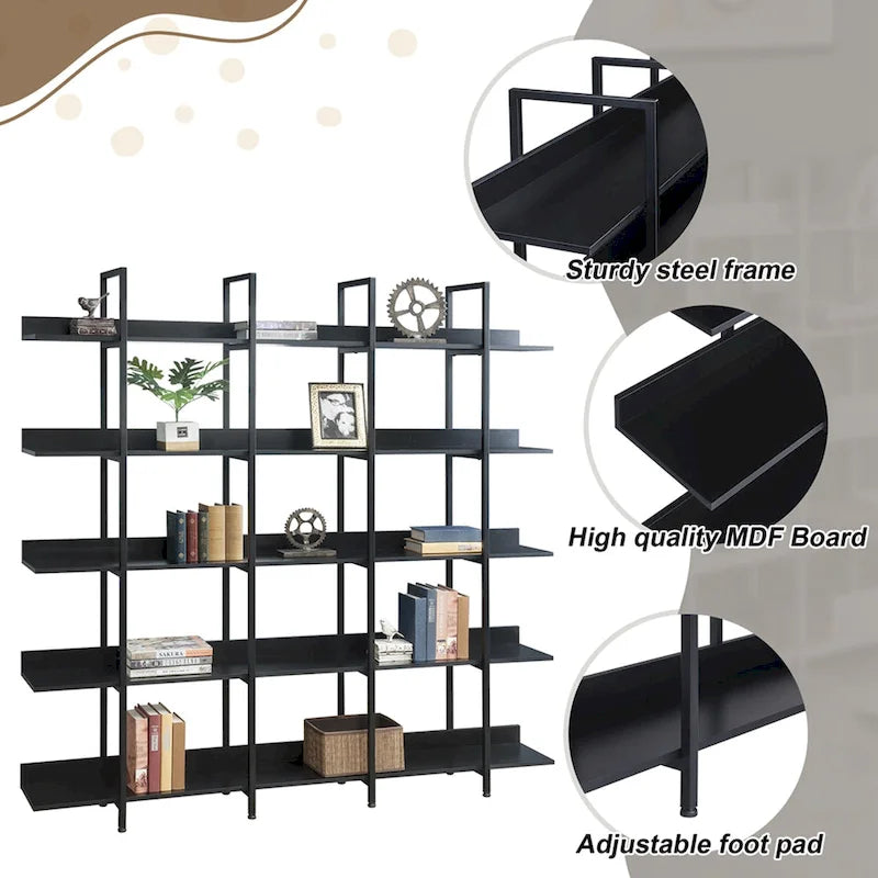 5-Tier Open Bookcase with MDF Shelves and Powder-Coated Steel Frame