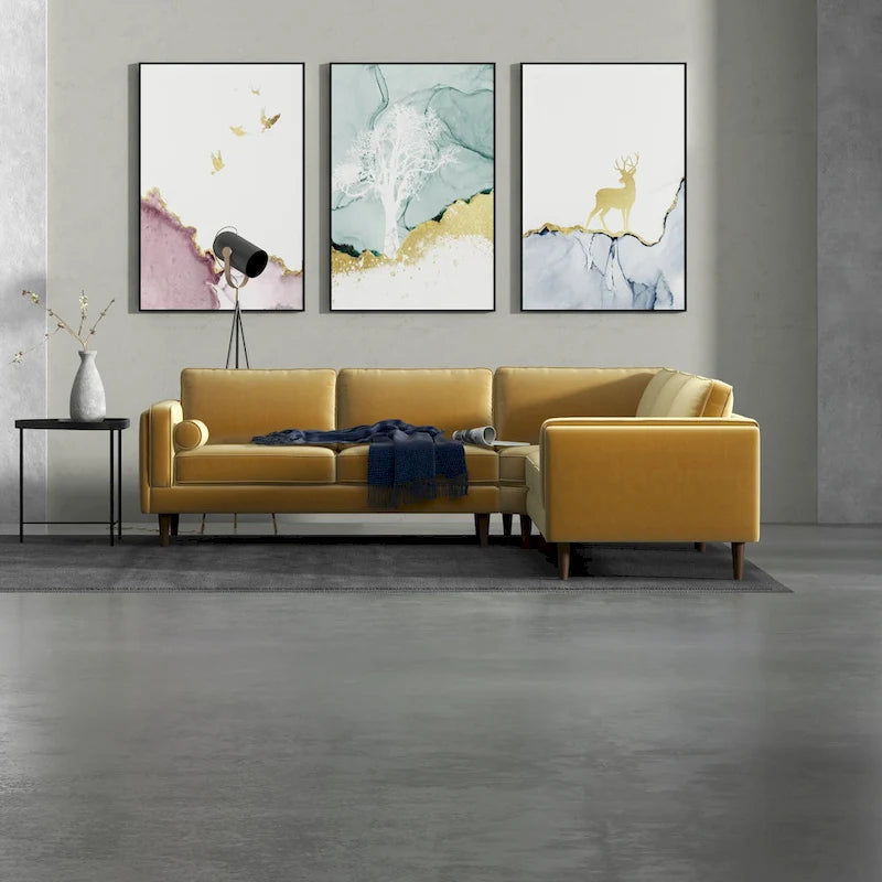 Flavio Mid Century Pillow Back Velvet Symmetrical Corner Sofa in Gold