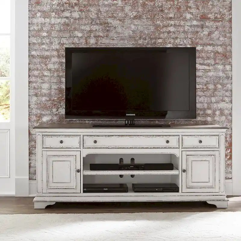 Magnolia Manor Antique White & Weathered Bark Entertainment TV Stand - 73 Wide