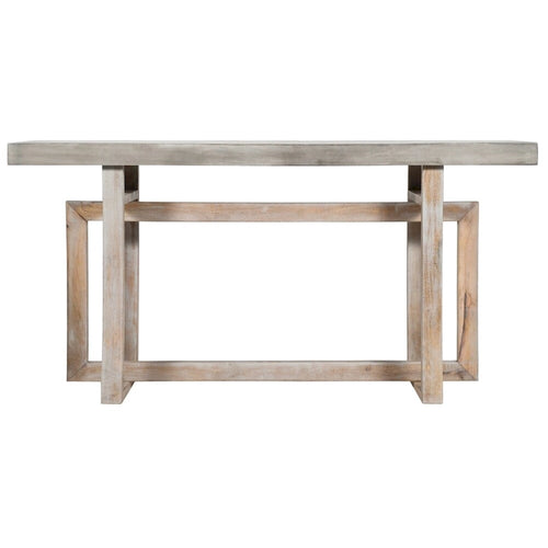 59 Inch Artisan Crafted Farmhouse Console Table with Geometric Interlocked Base, Rustic Light Brown