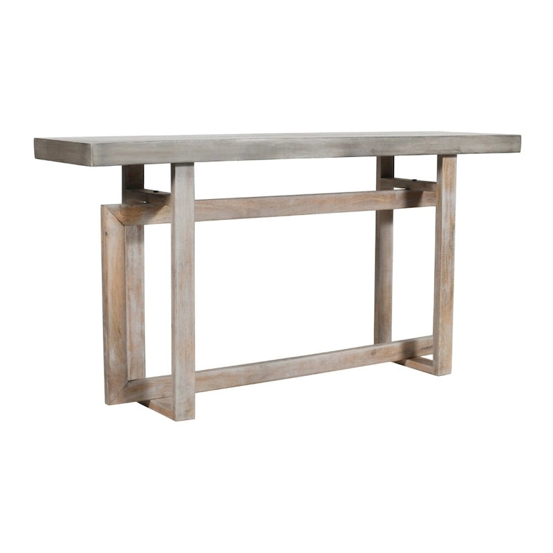 59 Inch Artisan Crafted Farmhouse Console Table with Geometric Interlocked Base, Rustic Light Brown