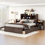 Storage Platform Bed with Pull Out Shelves, Trundle and 2 Drawers