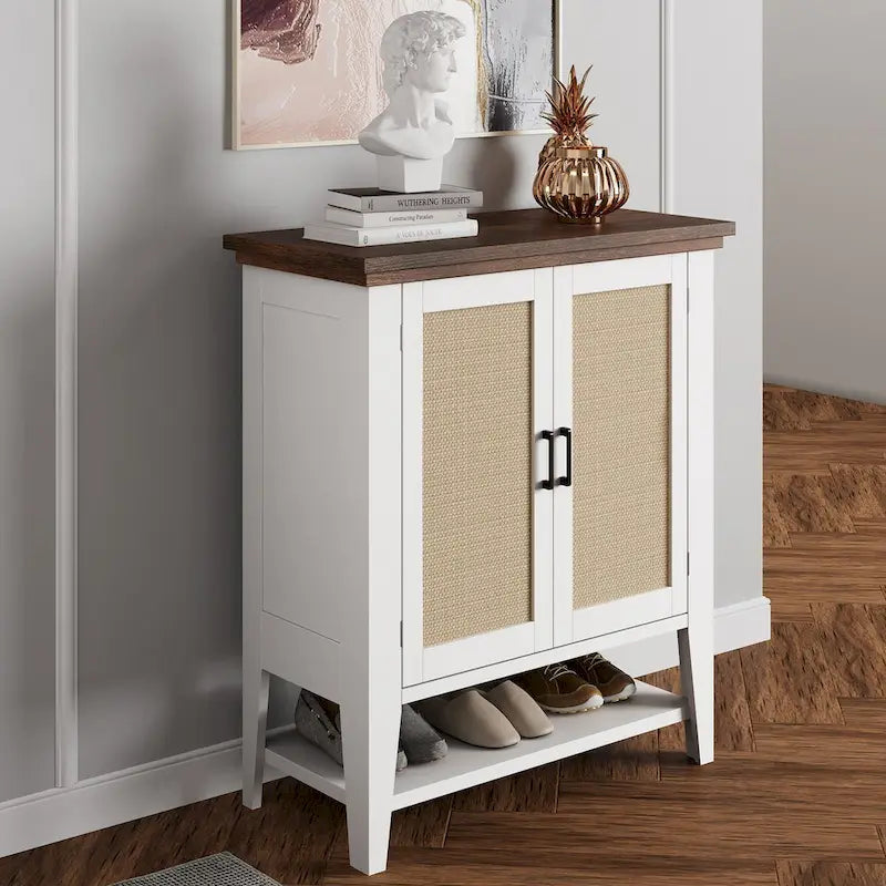 Rattan and MDF Storage Cabinet with Doors and Adjustable Shelves – 29"L x 16"W x 34.6"H
