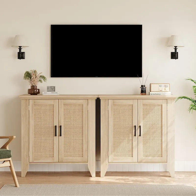 Rattan and MDF Storage Cabinet with Doors and Adjustable Shelves – 29"L x 16"W x 34.6"H