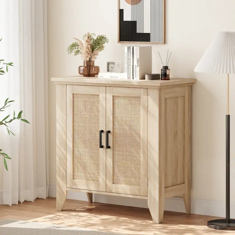 Rattan and MDF Storage Cabinet with Doors and Adjustable Shelves – 29"L x 16"W x 34.6"H