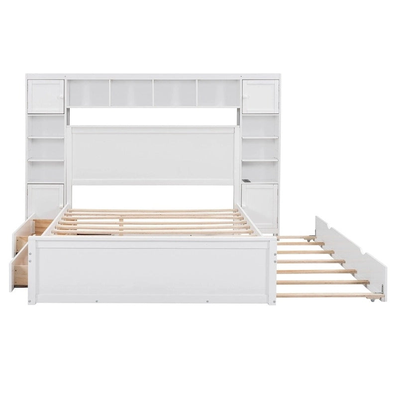 Queen Size Wooden Bed with All-in-One Cabinet, Shelf and Sockets