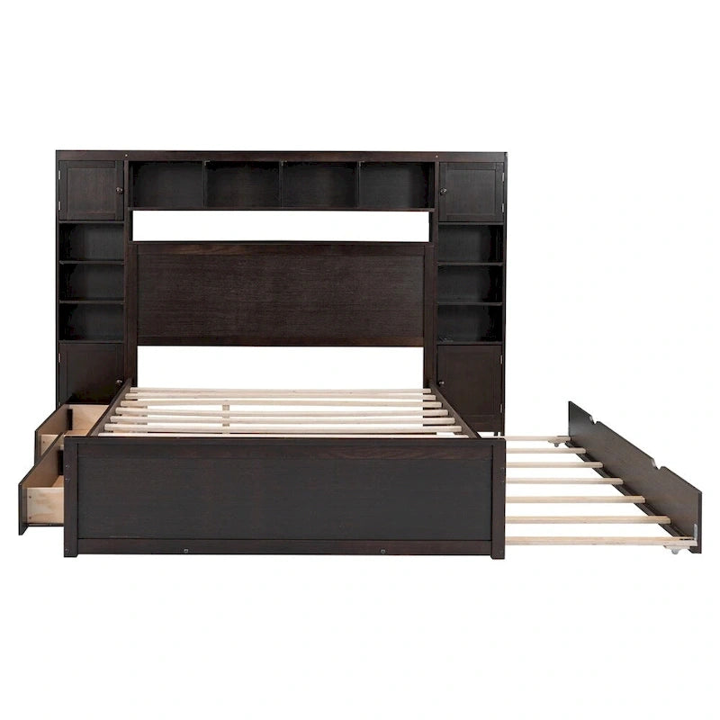 Queen Size Wooden Bed with All-in-One Cabinet, Shelf and Sockets