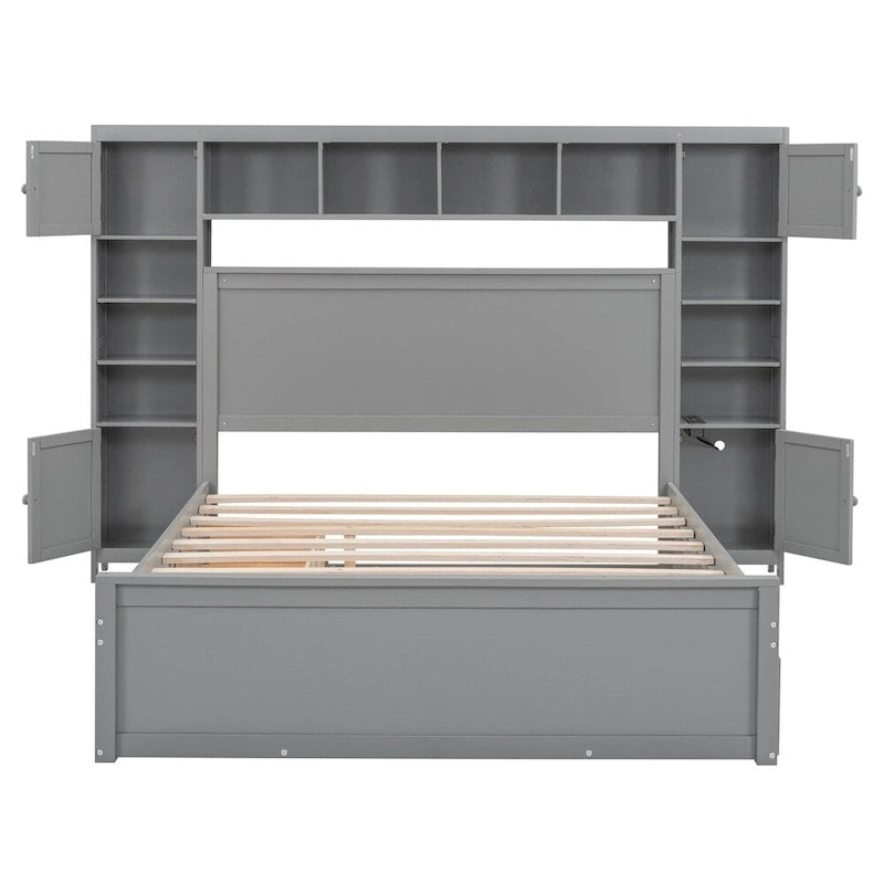 Queen Size Wooden Bed with All-in-One Cabinet, Shelf and Sockets