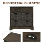Rustic Storage Cabinet with Two Drawers and Four Classic Rattan Basket - 28L x 11.8W x 28H