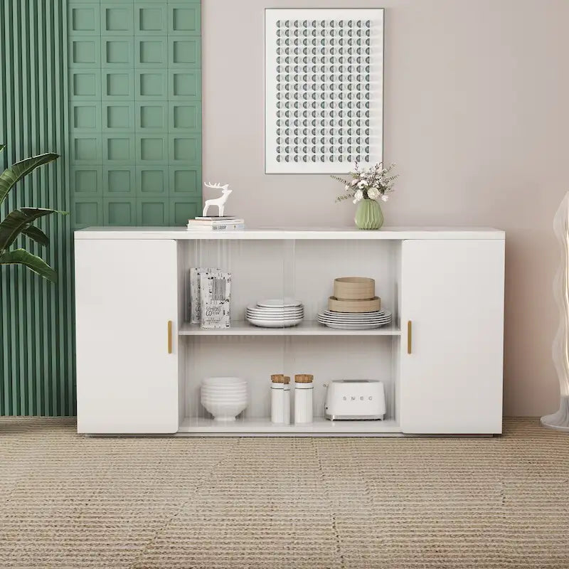 Side Cabinet with 2 Solid Doors and 1 Glass Door – E1 MDF, White / Black Brown