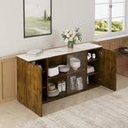 Side Cabinet with 2 Solid Doors and 1 Glass Door – E1 MDF, White / Black Brown