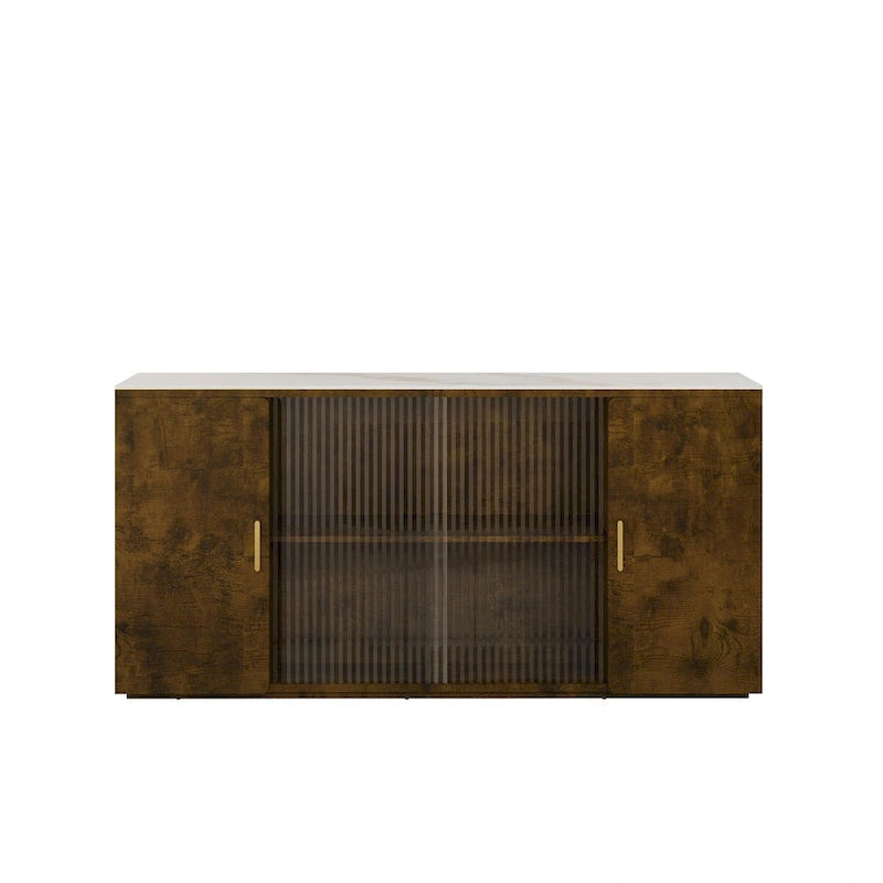 Side Cabinet with 2 Solid Doors and 1 Glass Door – E1 MDF, White / Black Brown